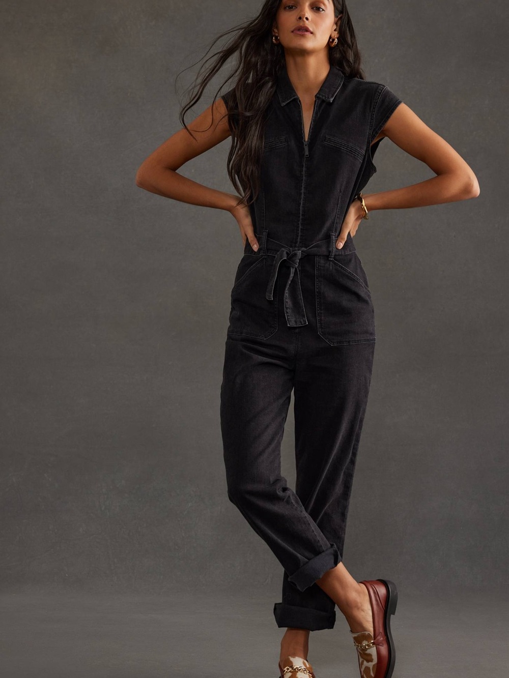 Paige Jett Cap Sleeve Utility Denim Jumpsuit Black